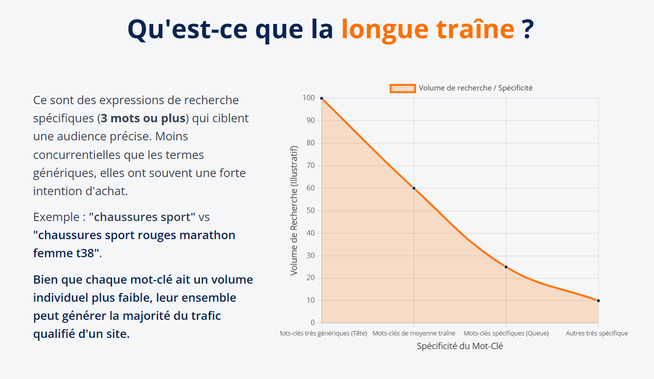 Infographie expliquant le concept de mot-clé longue traîne